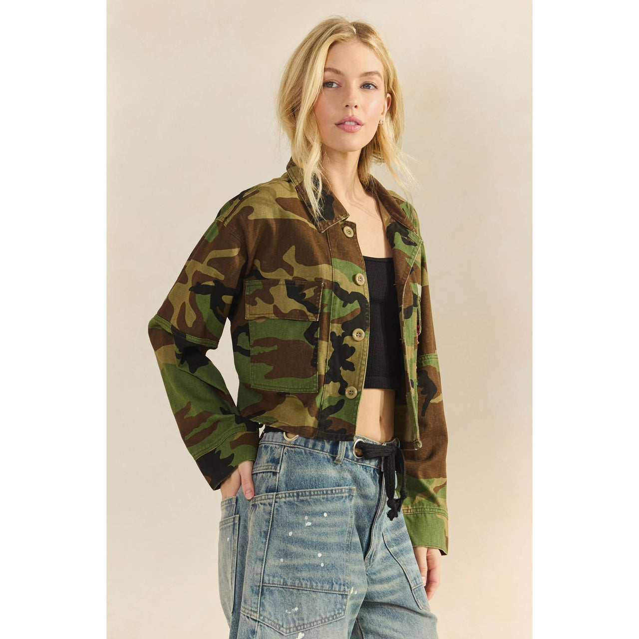 Camo Sequins Contrast Jacket: Camo Sequin