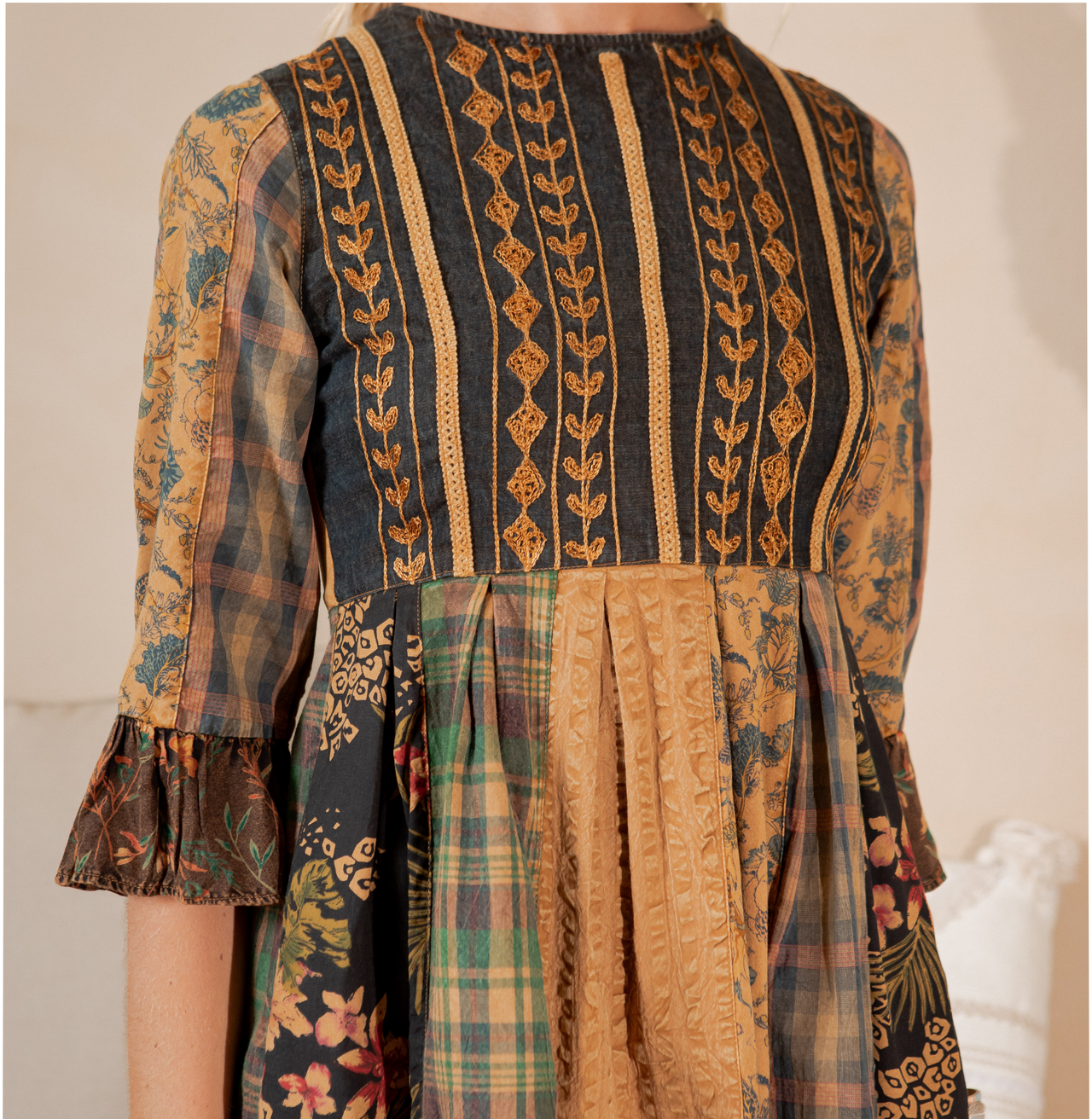 Rustic Bohemian: Fit and Flare Patchwork Mini Dress | Young Threads