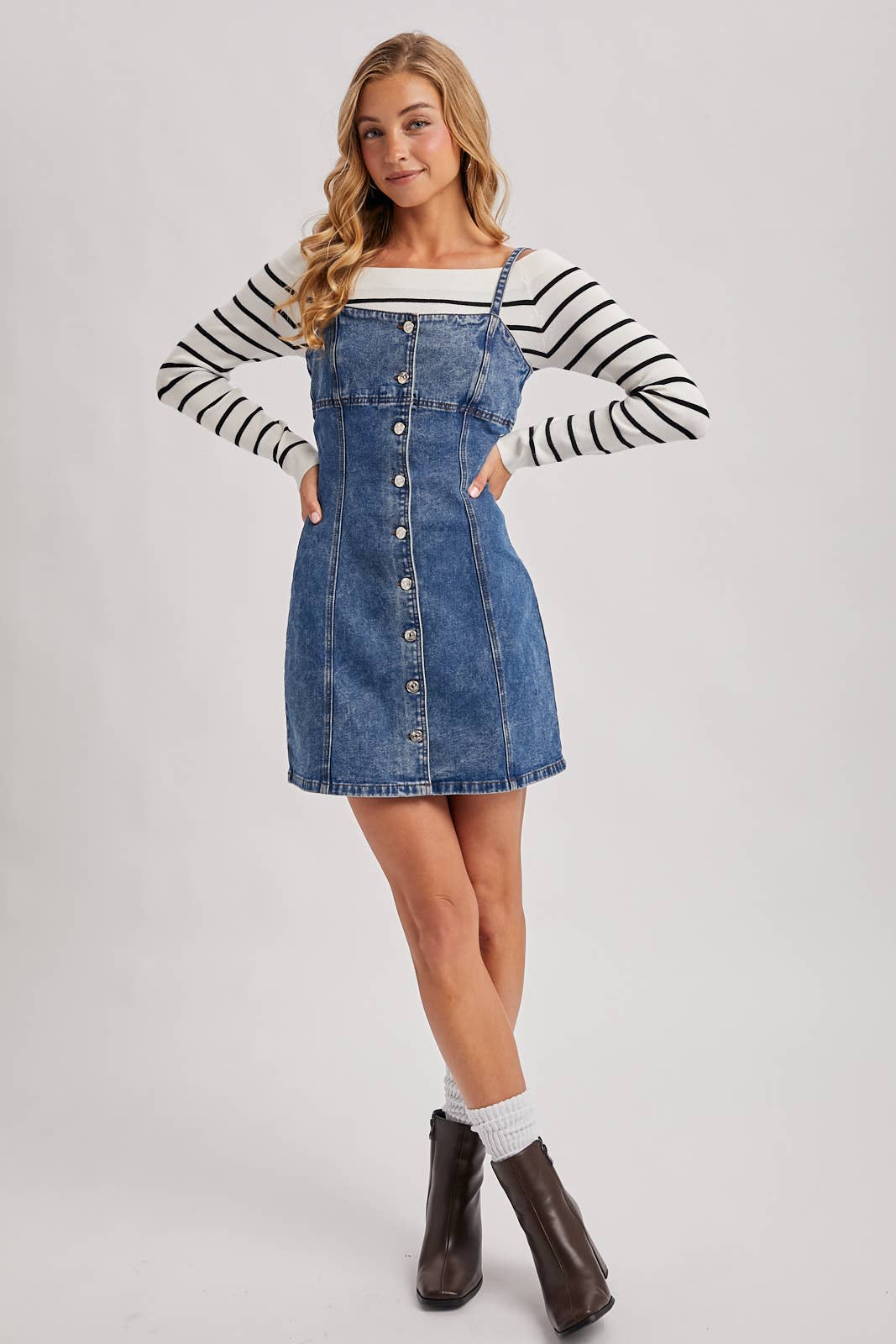 DENIM BUTTON DOWN MINI DRESS: LT.WASH