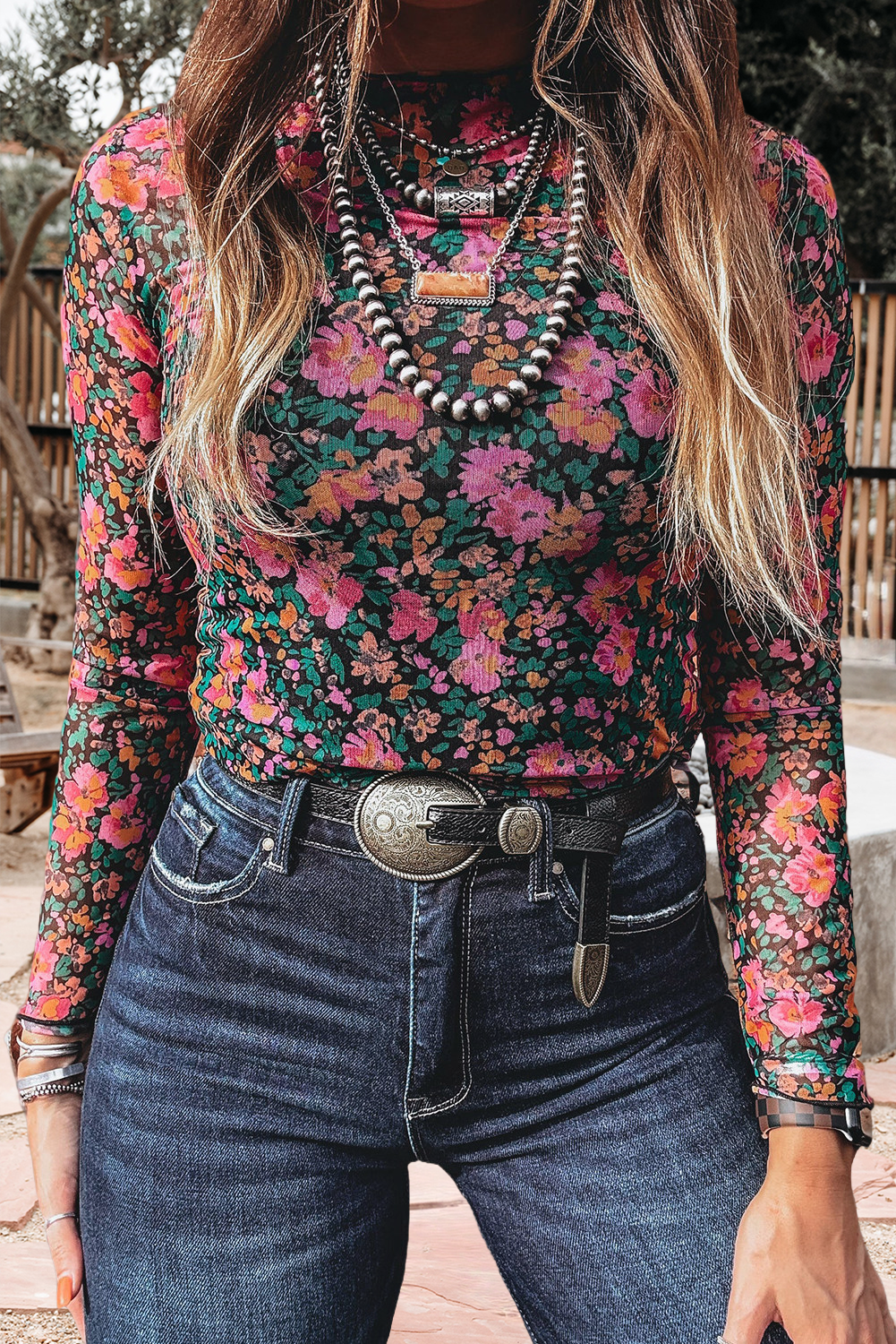 Floral Mesh Mock Neck Sheer Slim Fit Blouse Multi-Colored size 2X