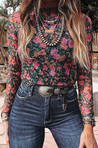 Thumbnail for Floral Mesh Mock Neck Sheer Slim Fit Blouse Multi-Colored size 2X