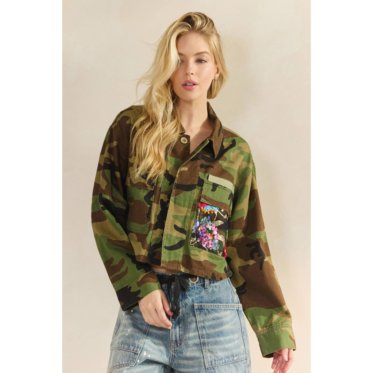 Camo Sequins Contrast Jacket: Camo Sequin