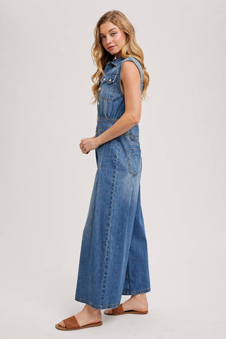 DENIM SLEEVELESS SHIRT JUMPSUIT: MED.WASH