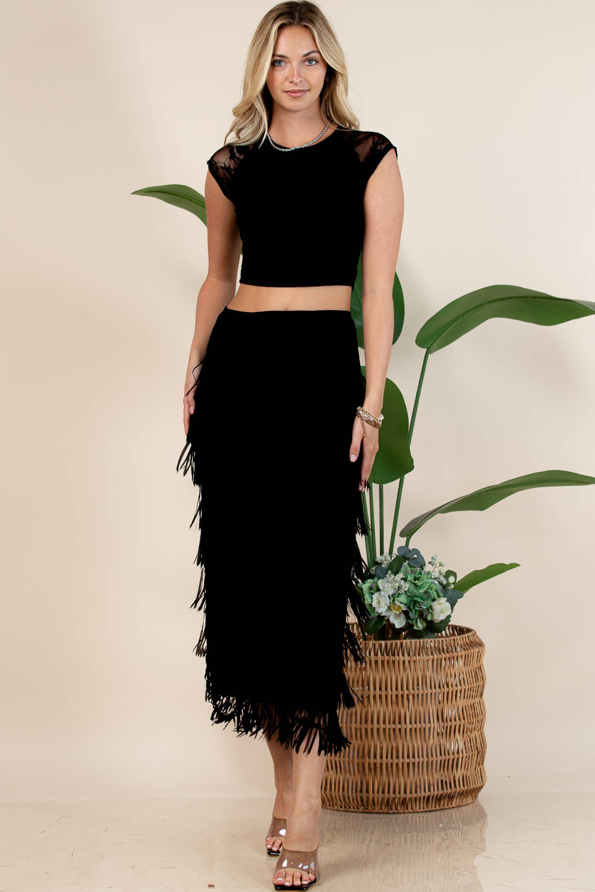 Western Fringed Piñata Midi Skirt: Black