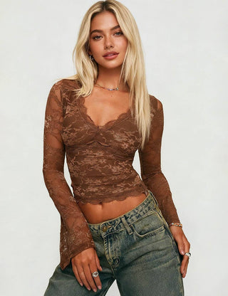 V-Neck Long Sleeves Lace Bodycon Top: Brown