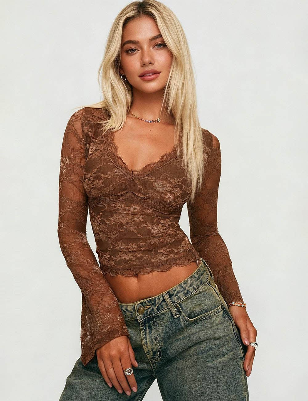 V-Neck Long Sleeves Lace Bodycon Top: Brown