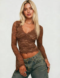 Thumbnail for V-Neck Long Sleeves Lace Bodycon Top: Brown