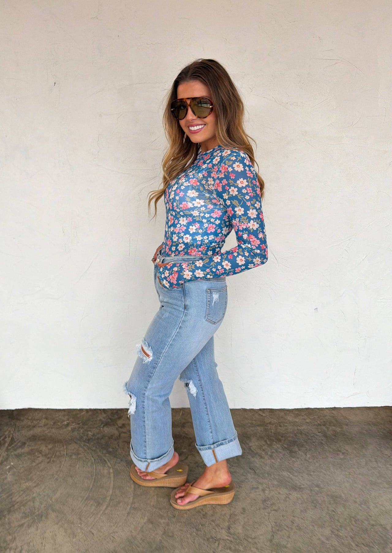 Blue Floral Mesh Layering Top