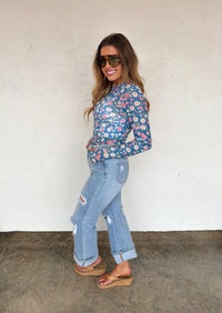 Thumbnail for Blue Floral Mesh Layering Top