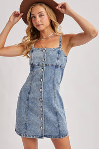 Thumbnail for DENIM BUTTON DOWN MINI DRESS: LT.WASH