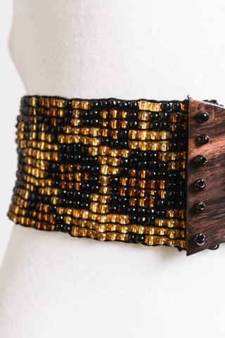 Leopard Beaded Belt: Stretchy with Wooden Buckle