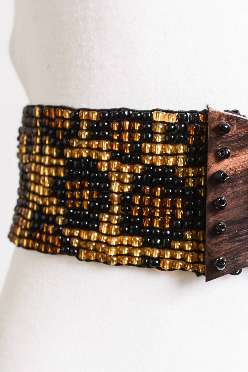 Leopard Beaded Belt: Stretchy with Wooden Buckle
