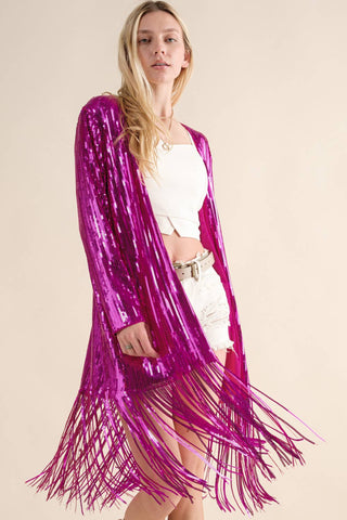 Sequin Fringe Star Back Open Cardigan - hot pink