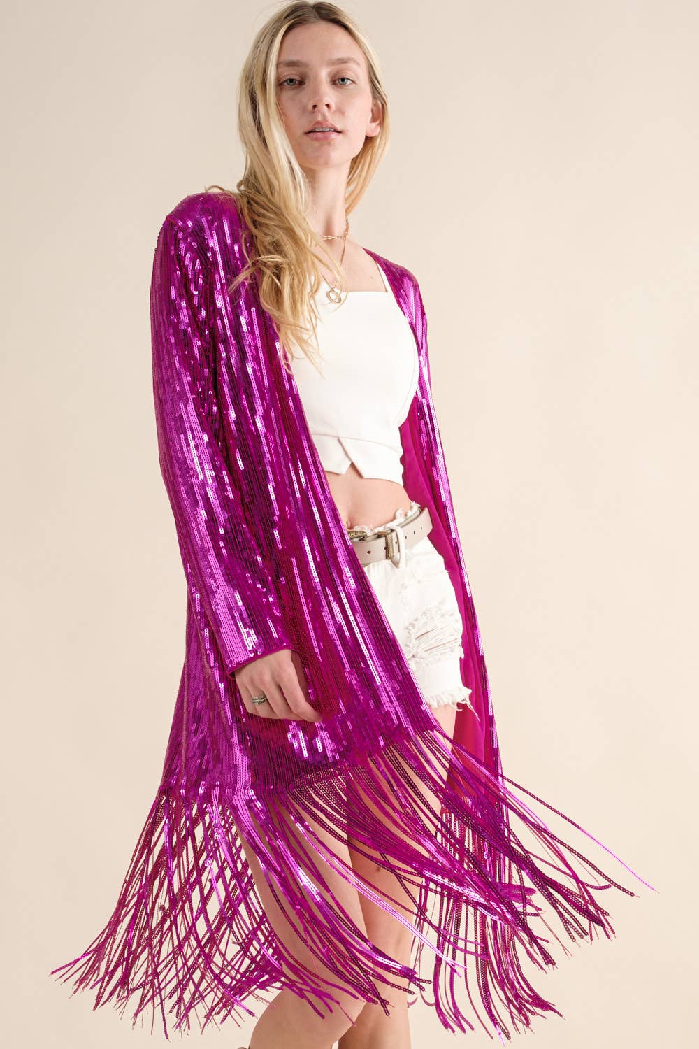Sequin Fringe Star Back Open Cardigan - hot pink